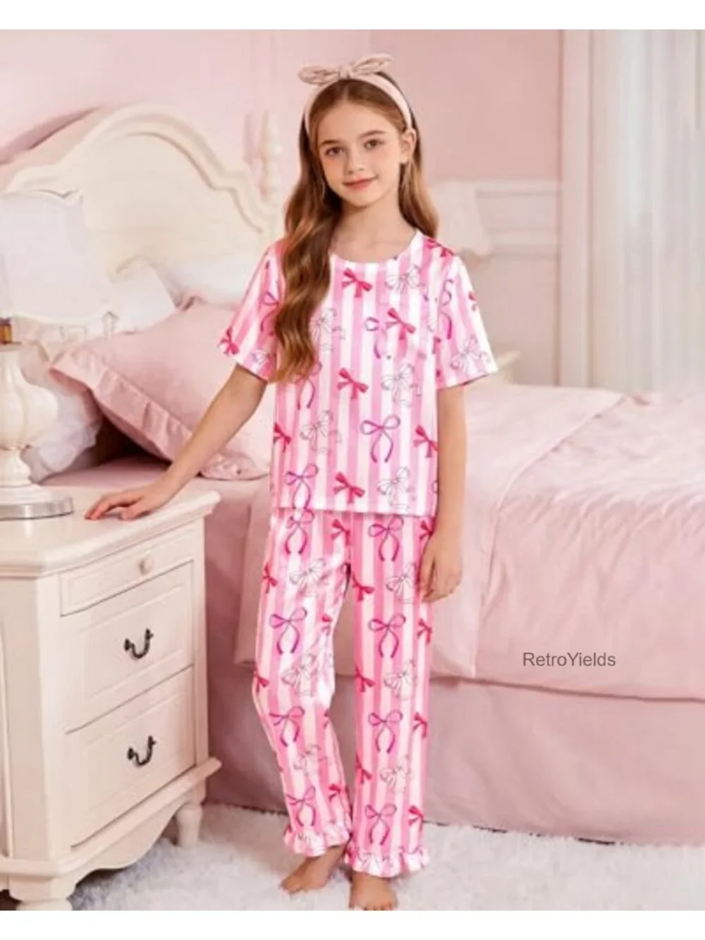 Girls 3 Piece Pajama Set Satin Ruffle Sleepwear Short Sleeve Kids Nightwear